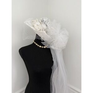 Vintage bohemian Bridal Hat with Veil White Lace Net Wedding Church 60" long